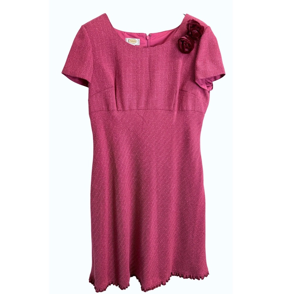 Talbots Petites Pink Herringbone Tweed Sheath Dress Rosette Fringe 16P Lined